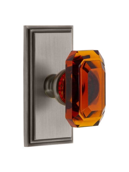 Grandeur Carre Rosette Door Set with Amber Crystal-Glass Baguette Knobs in Antique Pewter.